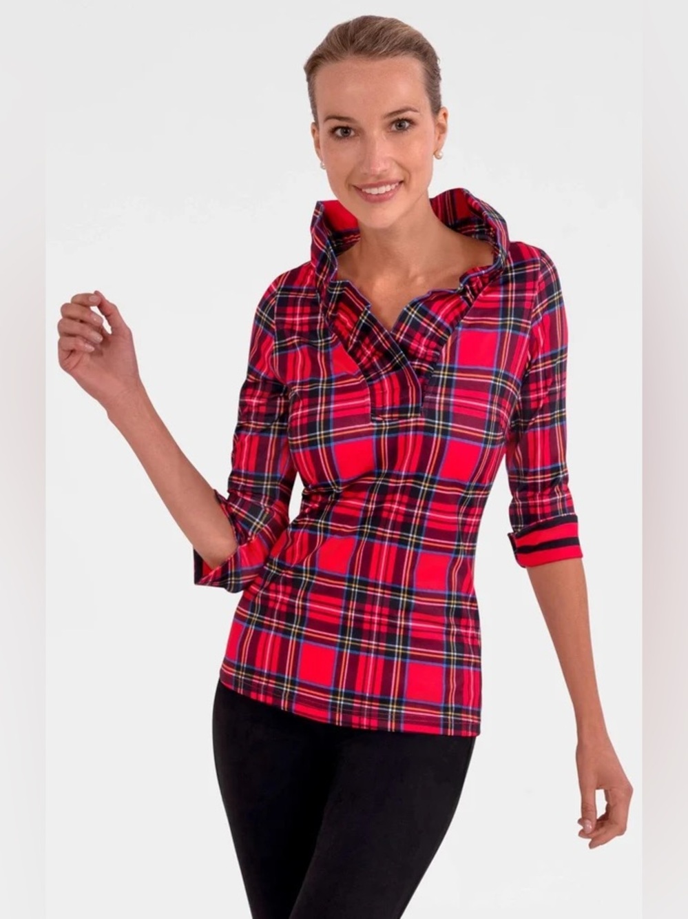 Gretchen Scott Ruffneck Top - Duke of York Red Tartan Plaid Blouse size Large
